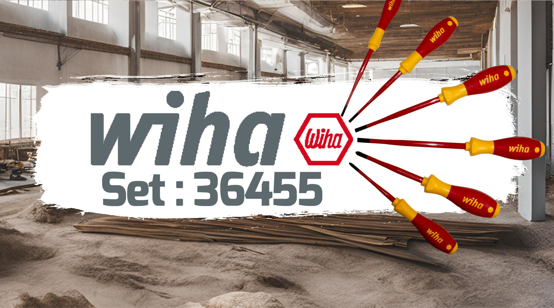wiha set 36455 in grey writting and the screwdriver set to the right of it with a work site as the background