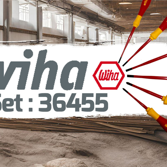 wiha set 36455 in grey writting and the screwdriver set to the right of it with a work site as the background