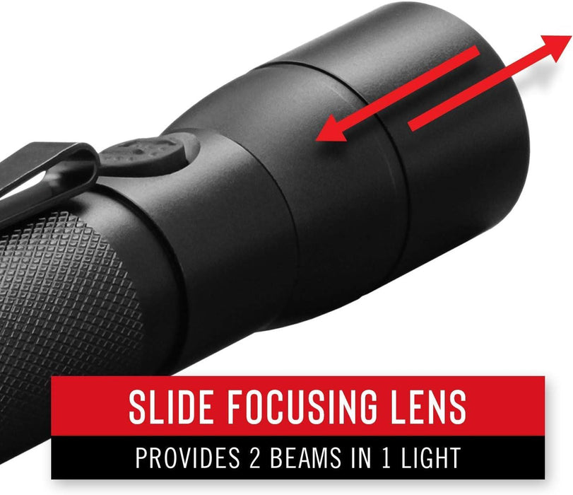 Black slide focusing lens with red arrows and text on a white background