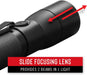 Black slide focusing lens with red arrows and text on a white background