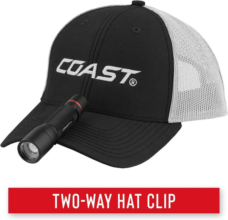 Black and white cap with Coast logo and flashlight, featuring a two-way hat clip on a white background.