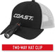 Black and white cap with Coast logo and flashlight, featuring a two-way hat clip on a white background.
