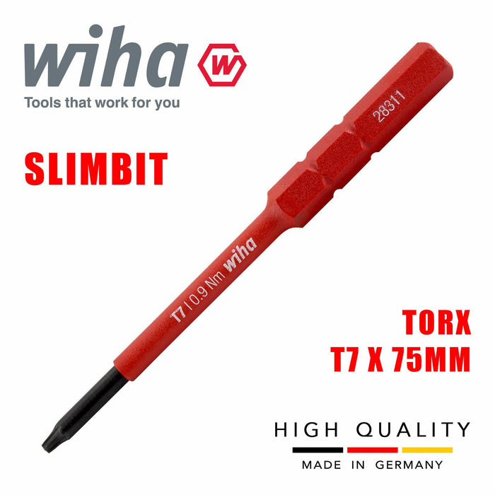 Wiha 43142 SlimBits Torx Screwdriver Bit T7 Head 1000v VDE Electrician 75mm