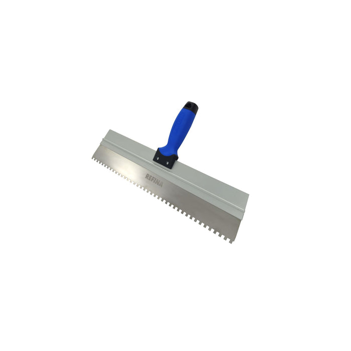 Metal trowel with blue handle on a white background