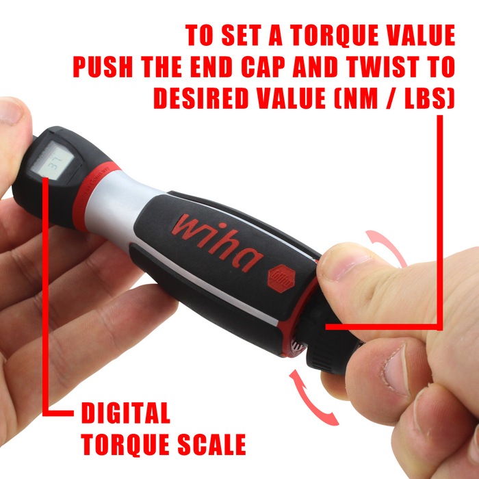 Digital torque wrench with user instructions on a white background