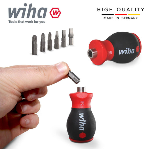 Wiha screwdriver set with multiple drill bits on a white background, featuring the Wiha brand logo.