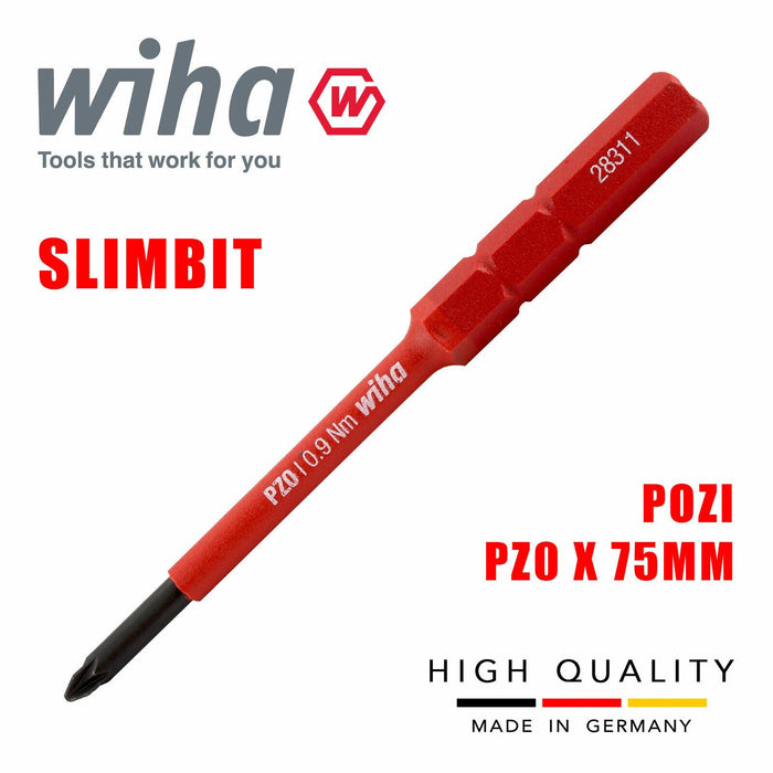 Wiha 43117 Slimbits Pozidive Screwdriver Bit PZ0 75mm 1000v VDE Electrician