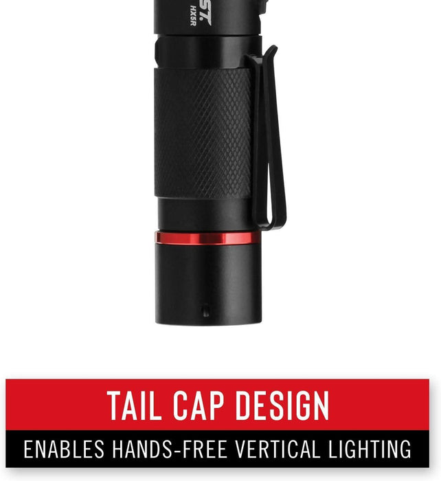 Black flashlight with red accent on a white background