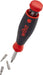 Screwdriver set with red and black handle and multiple bits on a white background