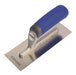 Metal trowel with blue handle on a white background