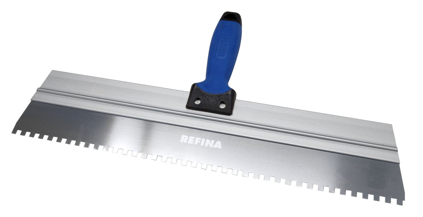 Metal trowel with blue handle on a white background