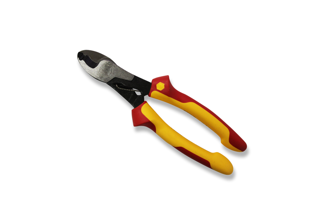 Pair of wire cutters with a yellow and red handle on a white background