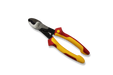 Pair of wire cutters with a yellow and red handle on a white background