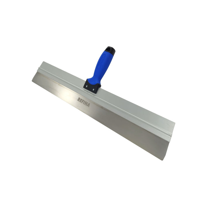 Metal trowel with blue handle on a white background