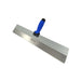 Metal trowel with blue handle on a white background