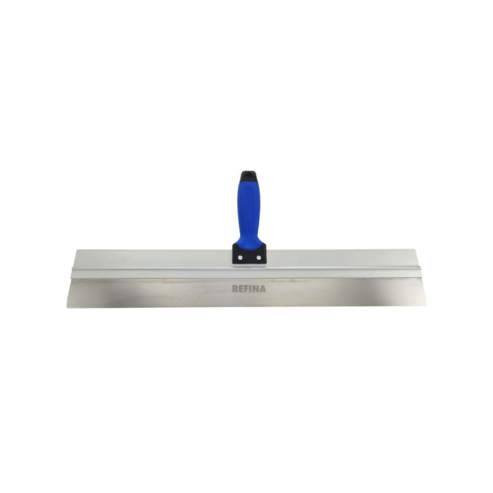 Metal trowel with blue handle on a white background