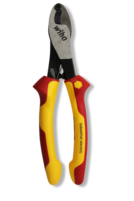 Pair of wire cutters with red and yellow handles on a white background