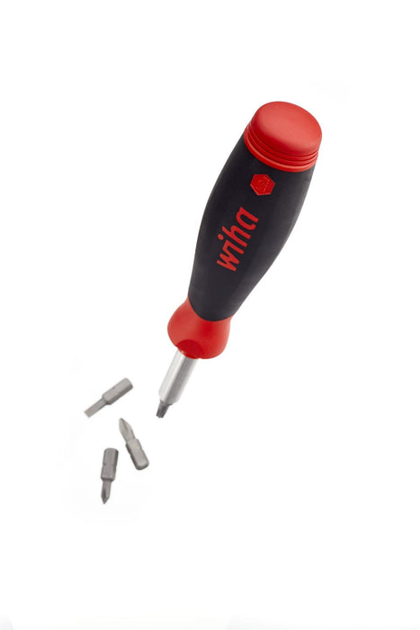 Screwdriver with red and black handle and three drill bits on a white background