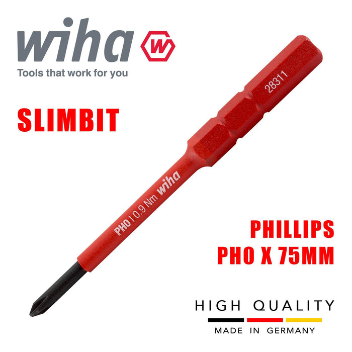 Wiha 43116 Slimbits Phillips Screwdriver Bit PH0 75mm 1000v VDE Electrician