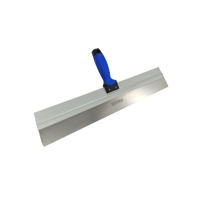 Metal trowel with blue handle on a white background