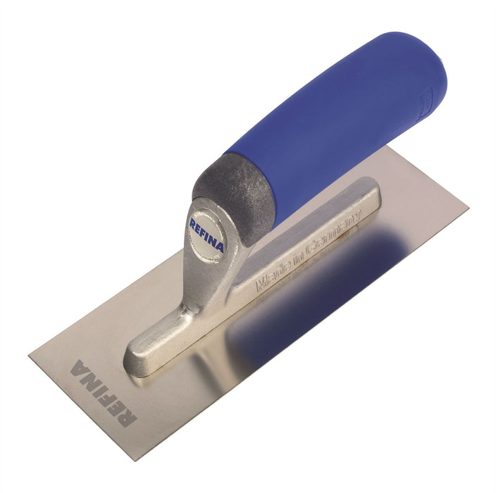 Metal trowel with blue handle on a white background