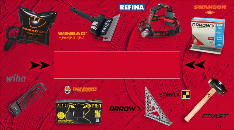 this banner shows a few of the brands and the brand logos including arrow, coast, thor hammers, wiha, refina and stabila
