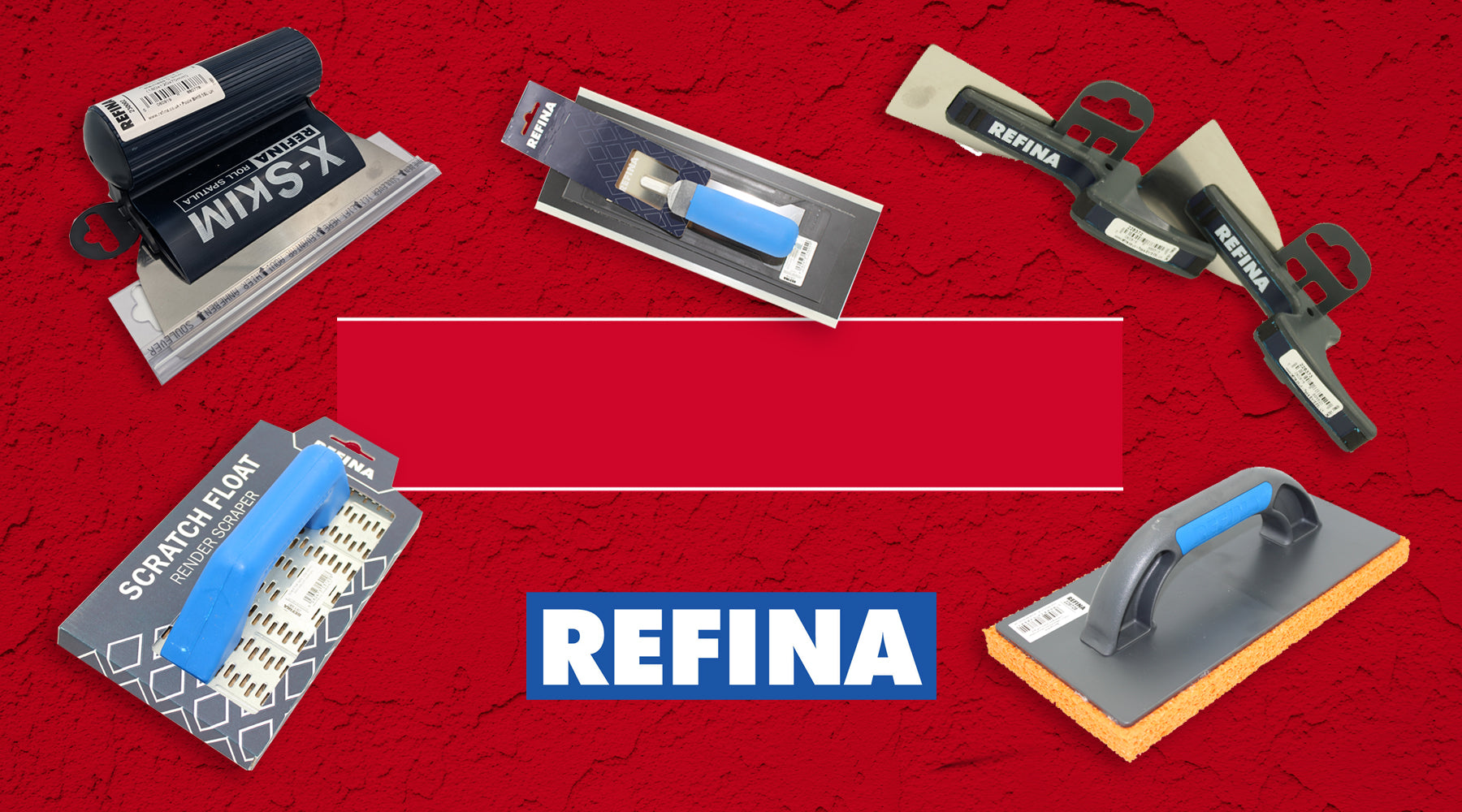 Refina banner with the refina logo and different types of trowels, skimmers and floats
