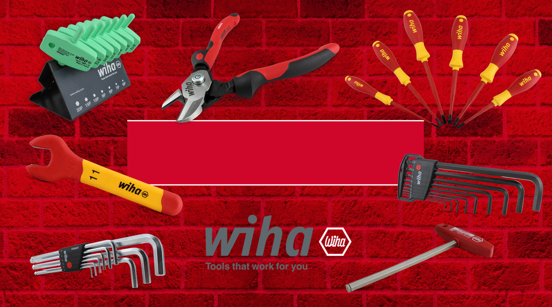Wiha tools including pliers, screwdrivers, and wrenches on a red background with Wiha branding.