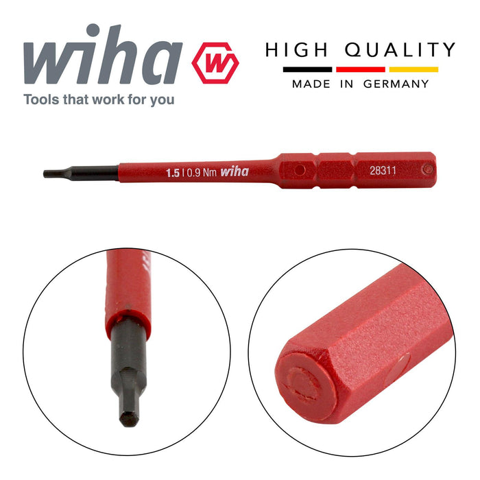 Wiha 37222 Slimbit Hex Screwdriver 1.5mm Hexagon Head 1000v VDE Electrician 75mm