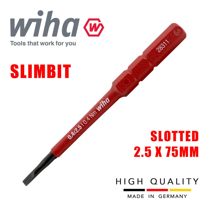 Wiha 34578 Slimbit Screwdriver Slotted 2.5mm Head 75mm 1000v VDE Electrician