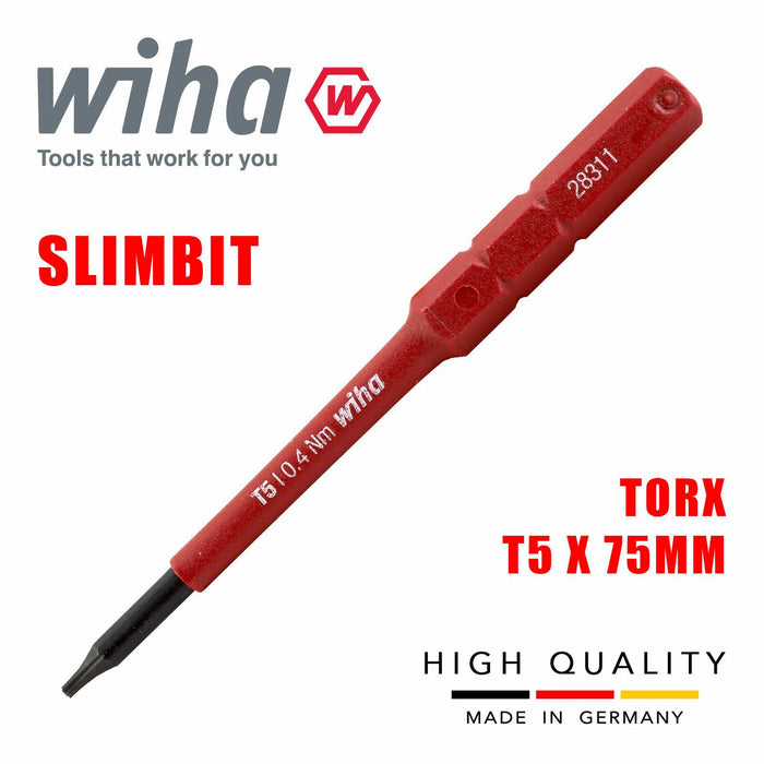 Wiha 43140 SlimBits Torx Screwdriver Bit T5 Head 1000v VDE Electrician 75mm