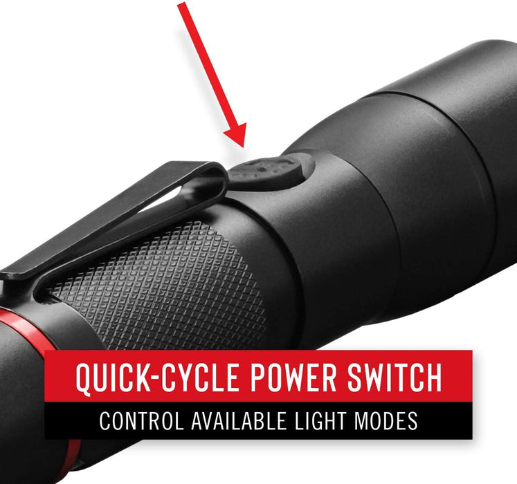 Black flashlight with quick-cycle power switch highlighted on a white background