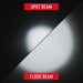 Comparison of spot beam and flood beam lighting on a black background with 'Spot Beam' and 'Flood Beam' labels.