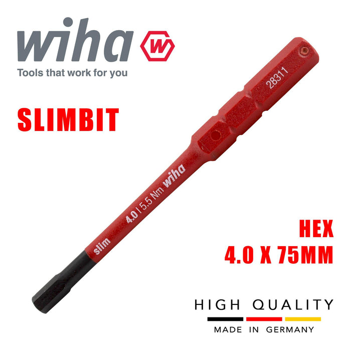 Wiha  37225 Slimbit Hex Screwdriver 4.0mm Hexagon Head 1000v VDE Electrician 75mm