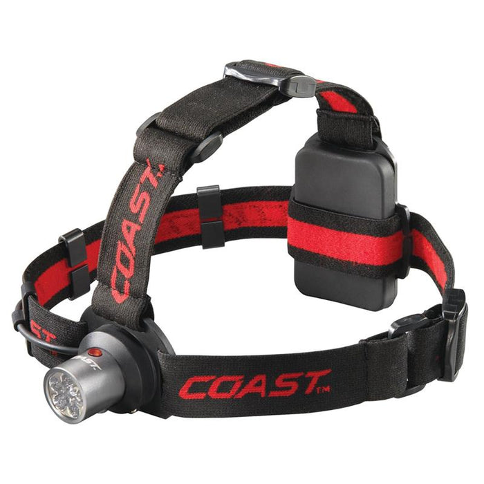 Coast headlamp with black and red strap on a white background