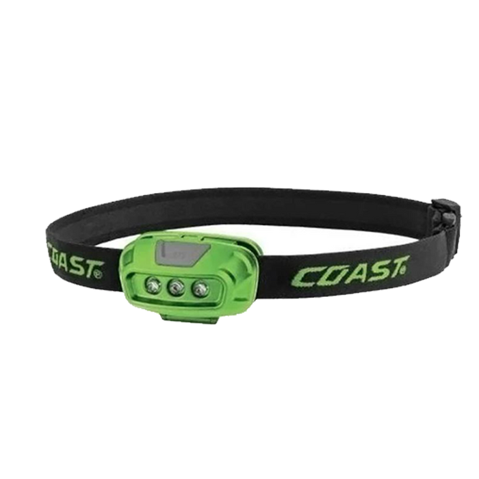 Green headlamp with black strap on a white background