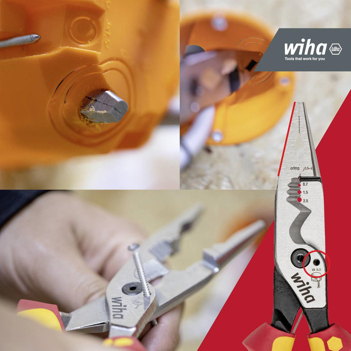 Collage of Wiha tools with close-ups and a full tool on a red background.
