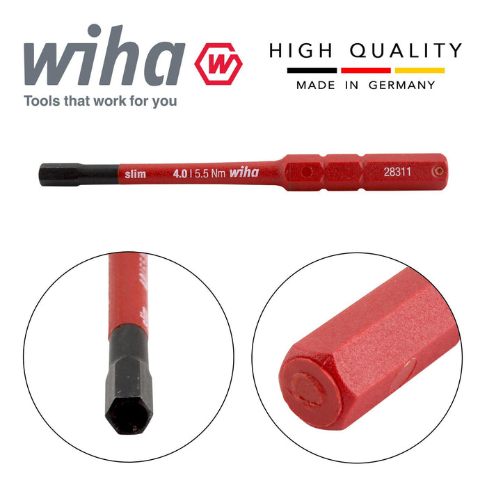 Wiha  37225 Slimbit Hex Screwdriver 4.0mm Hexagon Head 1000v VDE Electrician 75mm