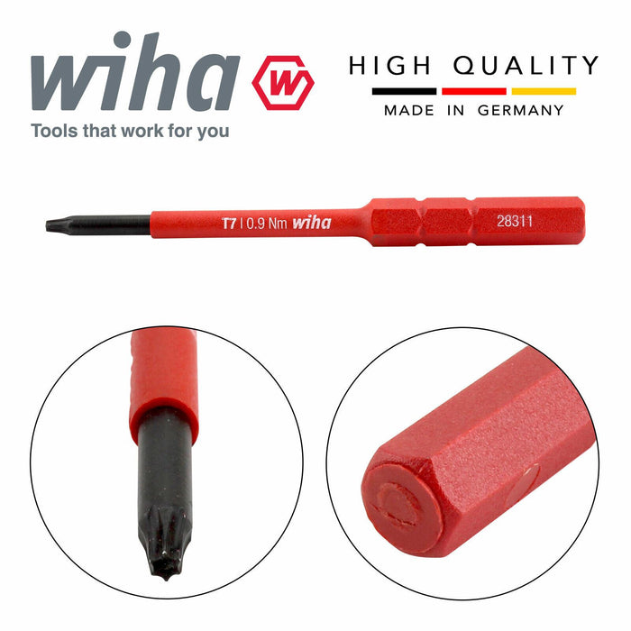 Wiha 43142 SlimBits Torx Screwdriver Bit T7 Head 1000v VDE Electrician 75mm