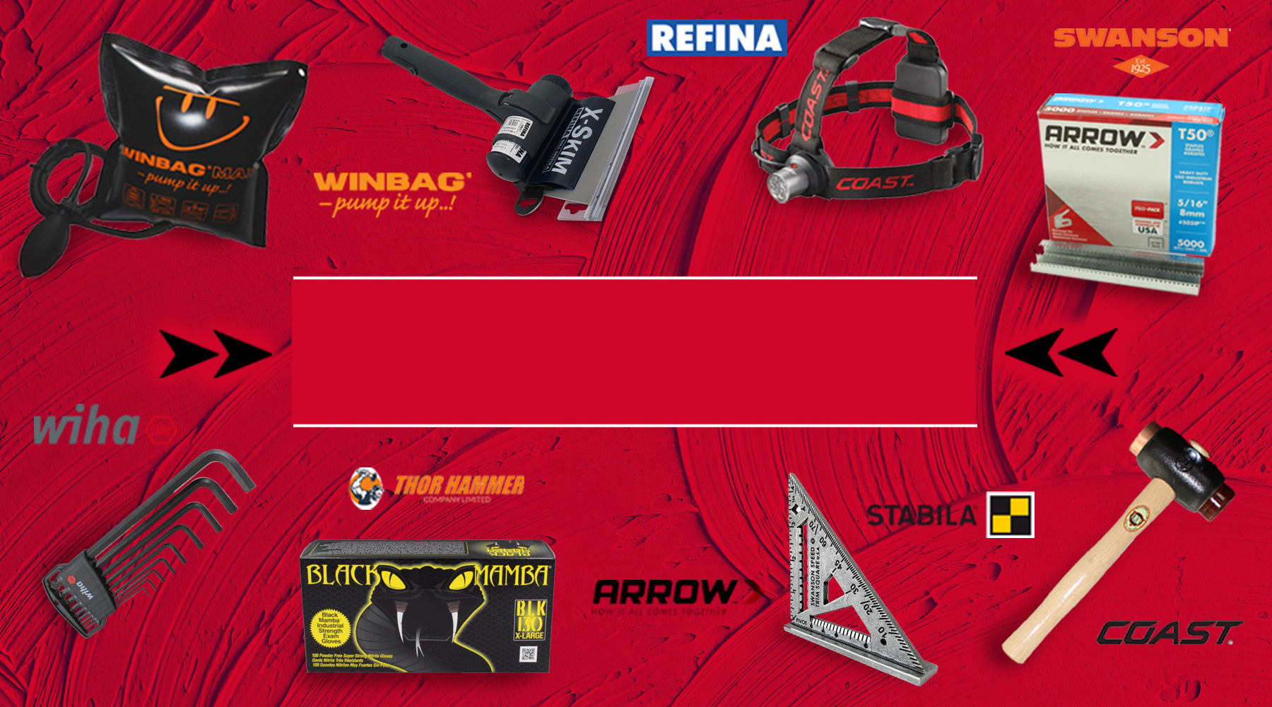 this banner shows a few of the brands and the brand logos including arrow, coast, thor hammers, wiha, refina and stabila